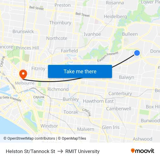 Helston St/Tannock St to RMIT University map