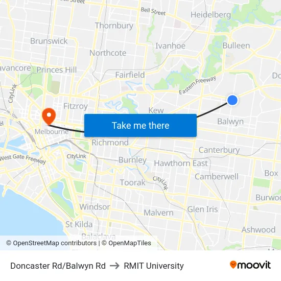 Doncaster Rd/Balwyn Rd to RMIT University map