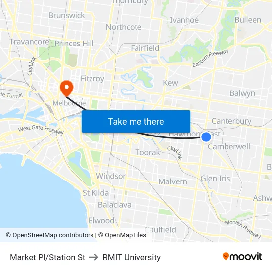 Market Pl/Station St to RMIT University map