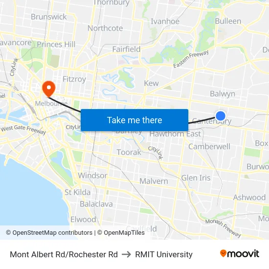 Mont Albert Rd/Rochester Rd to RMIT University map