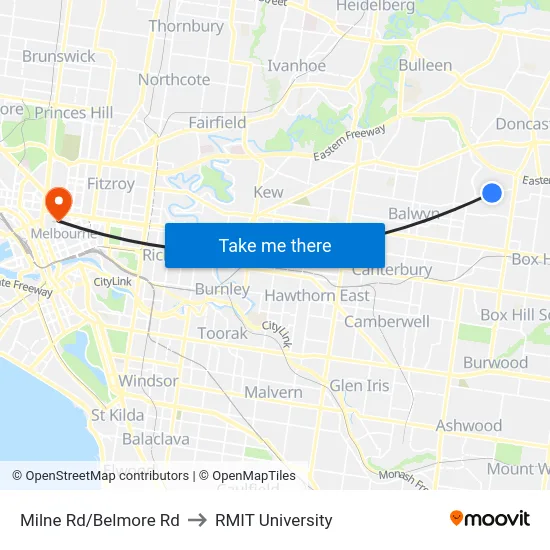 Milne Rd/Belmore Rd to RMIT University map