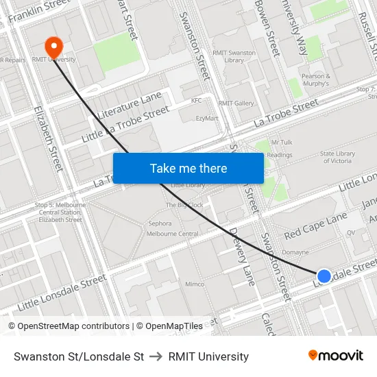 Swanston St/Lonsdale St to RMIT University map