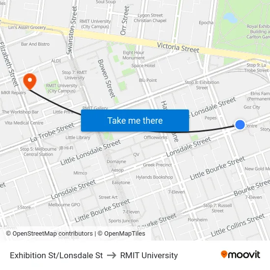 Exhibition St/Lonsdale St to RMIT University map