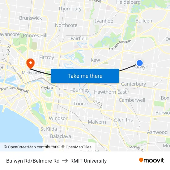 Balwyn Rd/Belmore Rd to RMIT University map