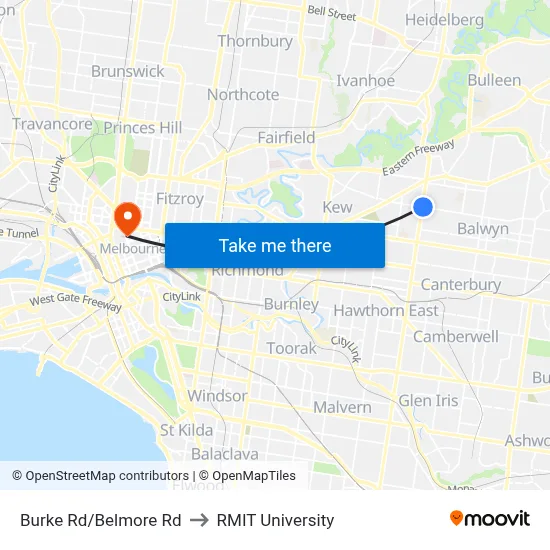 Burke Rd/Belmore Rd to RMIT University map