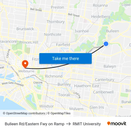 Bulleen Rd/Eastern Fwy on Ramp to RMIT University map