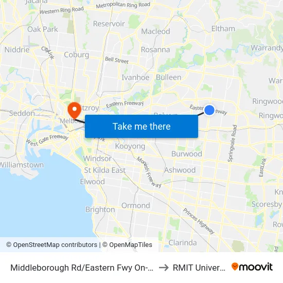 Middleborough Rd/Eastern Fwy On-Ramp to RMIT University map