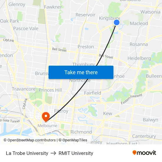 La Trobe University to RMIT University map
