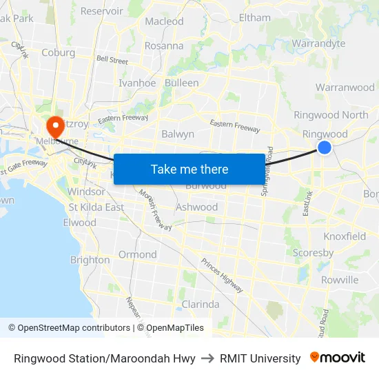 Ringwood Station/Maroondah Hwy to RMIT University map