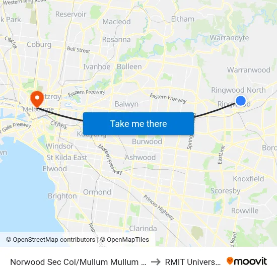 Norwood Sec Col/Mullum Mullum Rd to RMIT University map