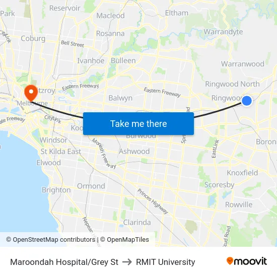 Maroondah Hospital/Grey St to RMIT University map