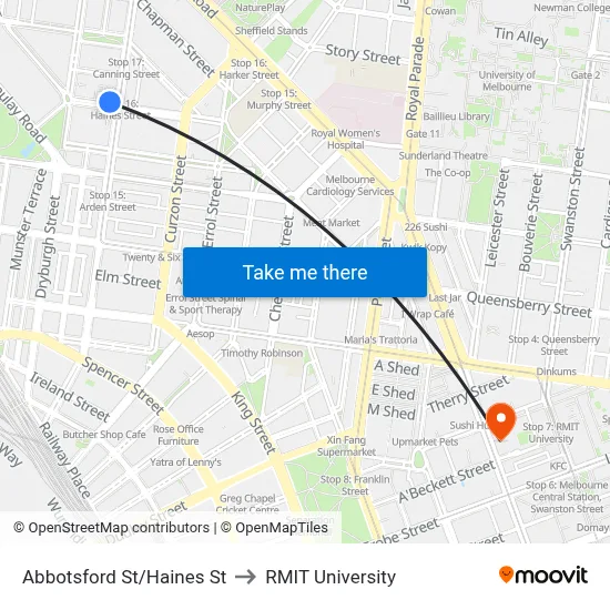 Abbotsford St/Haines St to RMIT University map