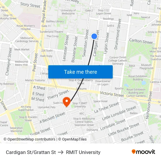 Cardigan St/Grattan St to RMIT University map
