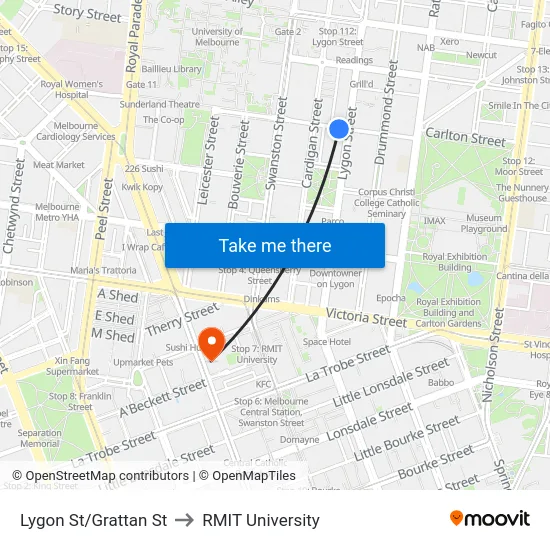 Lygon St/Grattan St to RMIT University map
