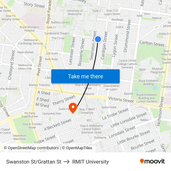 Swanston St/Grattan St to RMIT University map
