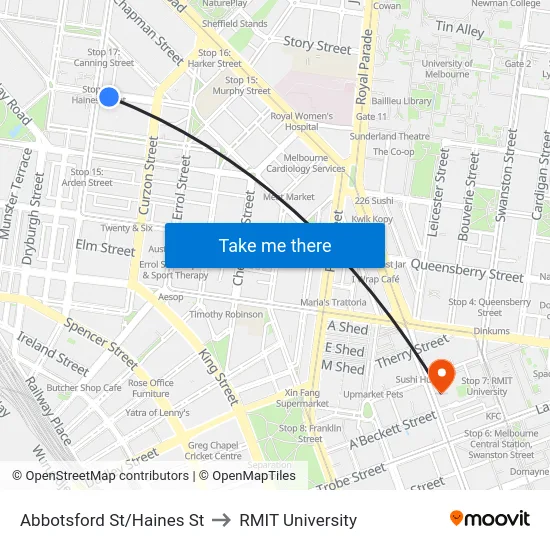 Abbotsford St/Haines St to RMIT University map