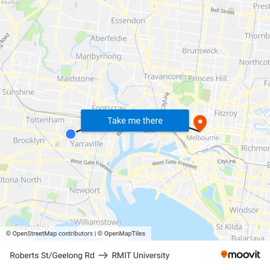 Roberts St/Geelong Rd to RMIT University map