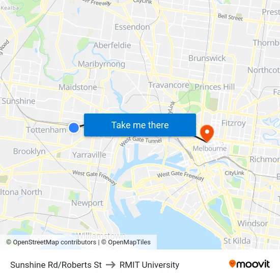 Sunshine Rd/Roberts St to RMIT University map
