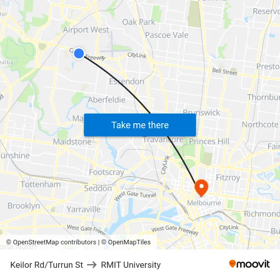 Keilor Rd/Turrun St to RMIT University map