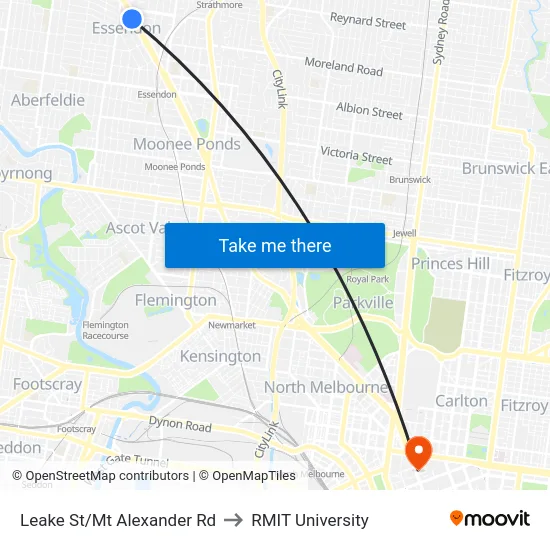Leake St/Mt Alexander Rd to RMIT University map