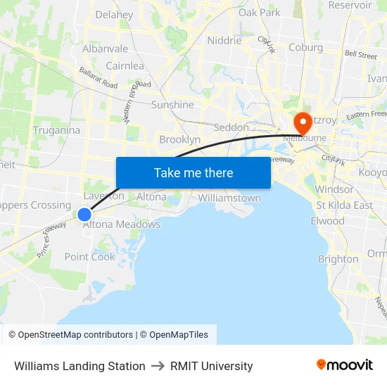 Williams Landing Station to RMIT University map