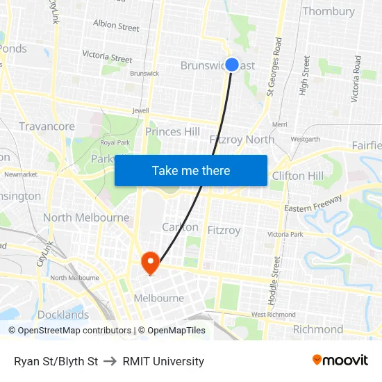 Ryan St/Blyth St to RMIT University map