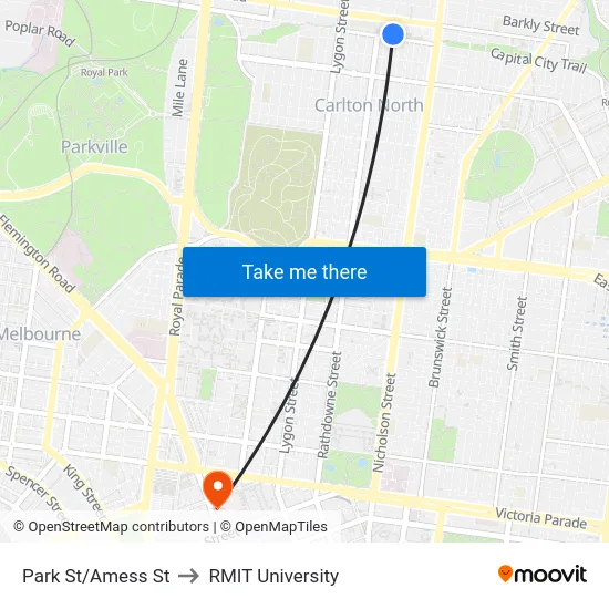 Park St/Amess St to RMIT University map