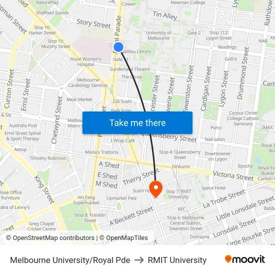 Melbourne University/Royal Pde to RMIT University map