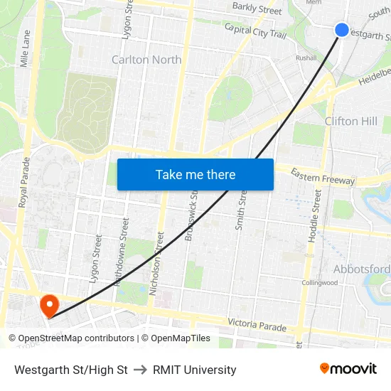 Westgarth St/High St to RMIT University map