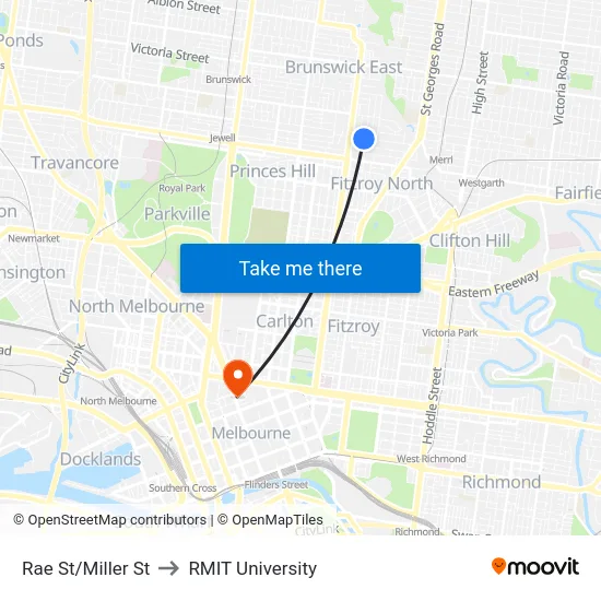 Rae St/Miller St to RMIT University map