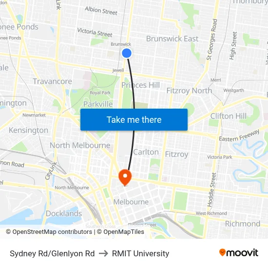 Sydney Rd/Glenlyon Rd to RMIT University map