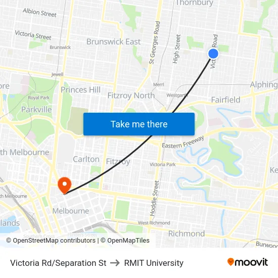 Victoria Rd/Separation St to RMIT University map