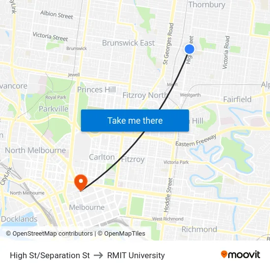 High St/Separation St to RMIT University map