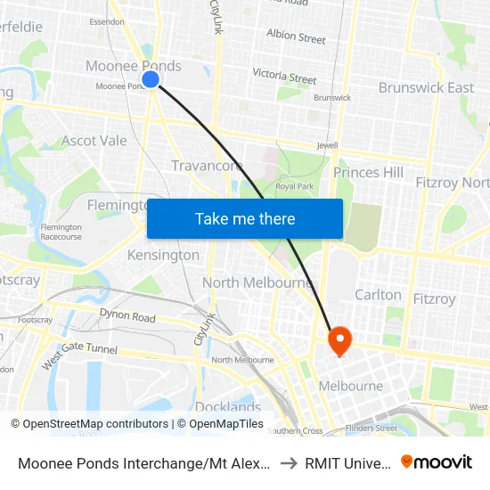Moonee Ponds Interchange/Mt Alexander Rd to RMIT University map