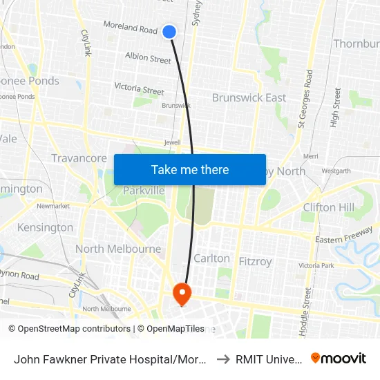 John Fawkner Private Hospital/Moreland Rd to RMIT University map