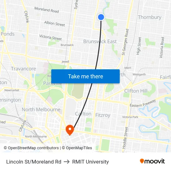 Lincoln St/Moreland Rd to RMIT University map