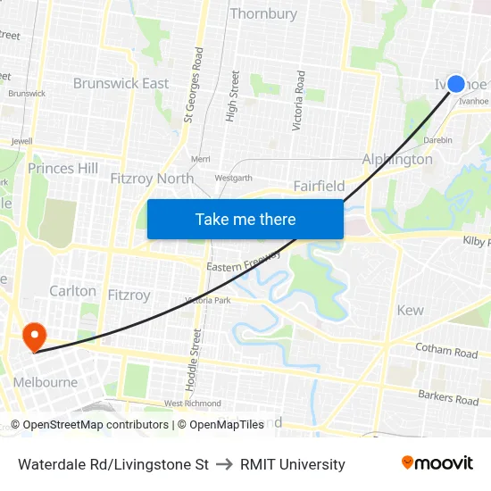 Waterdale Rd/Livingstone St to RMIT University map