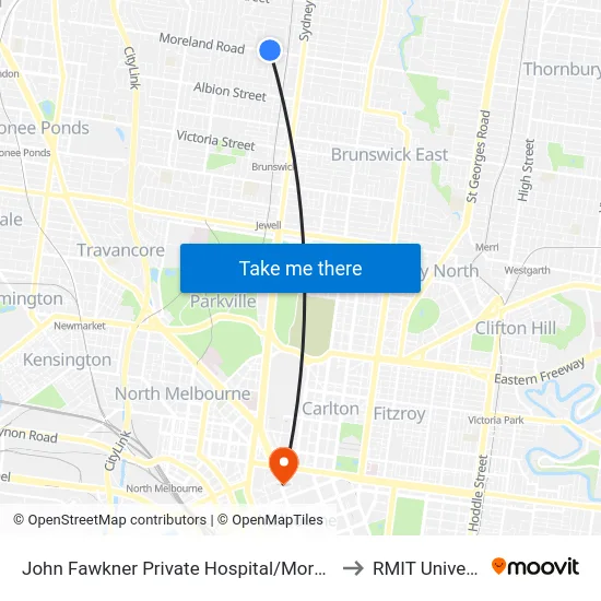 John Fawkner Private Hospital/Moreland Rd to RMIT University map