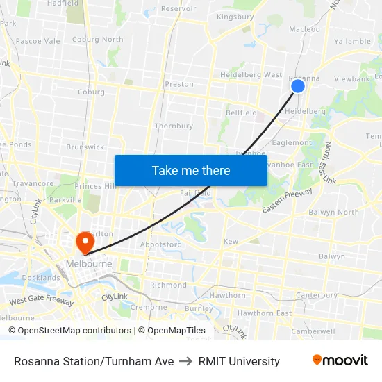 Rosanna Station/Turnham Ave to RMIT University map