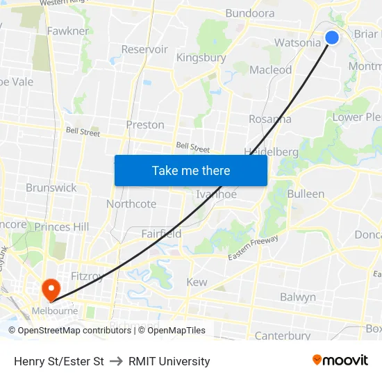 Henry St/Ester St to RMIT University map