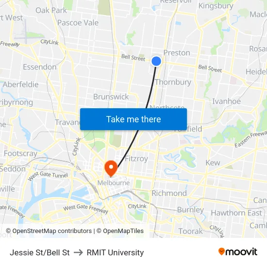 Jessie St/Bell St to RMIT University map