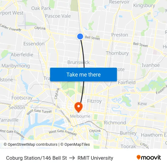 Coburg Station/146 Bell St to RMIT University map