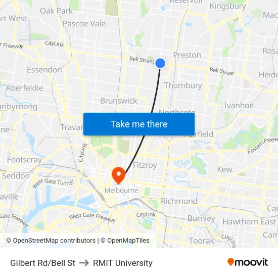 Gilbert Rd/Bell St to RMIT University map