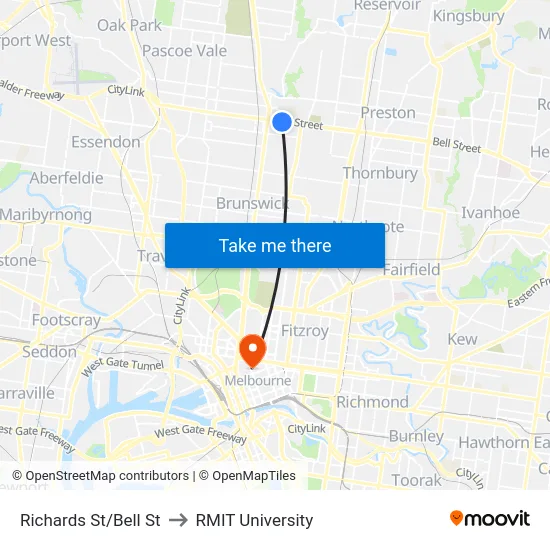 Richards St/Bell St to RMIT University map