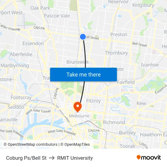 Coburg Ps/Bell St to RMIT University map