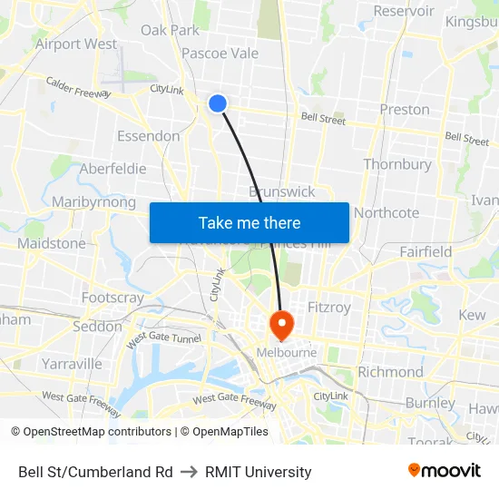 Bell St/Cumberland Rd to RMIT University map