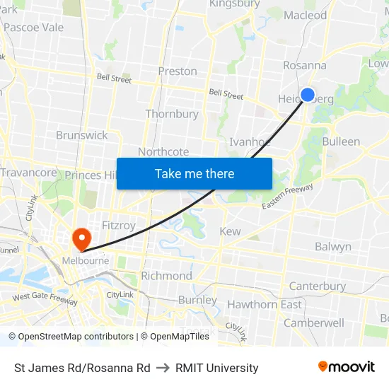 St James Rd/Rosanna Rd to RMIT University map