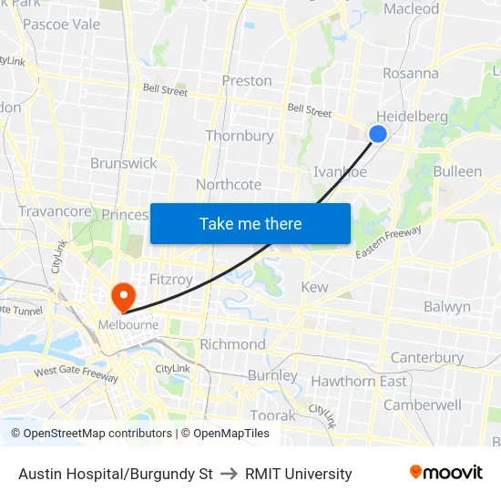 Austin Hospital/Burgundy St to RMIT University map
