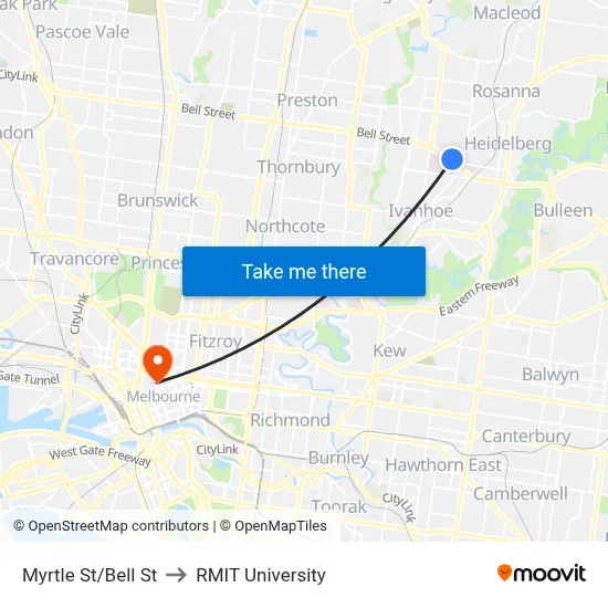 Myrtle St/Bell St to RMIT University map
