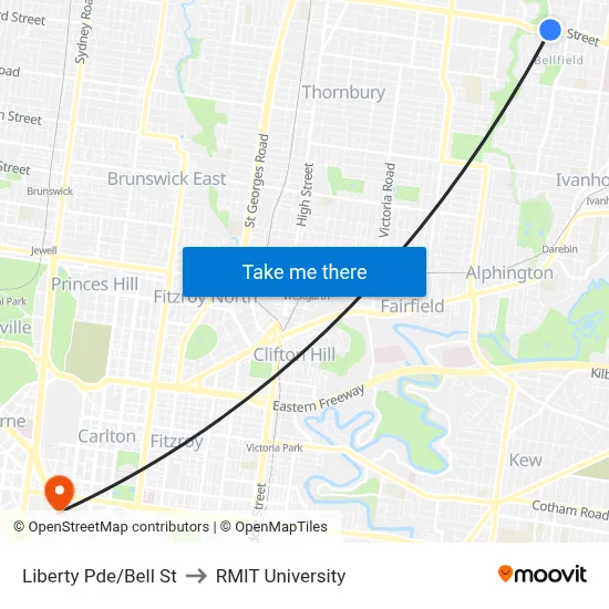 Liberty Pde/Bell St to RMIT University map